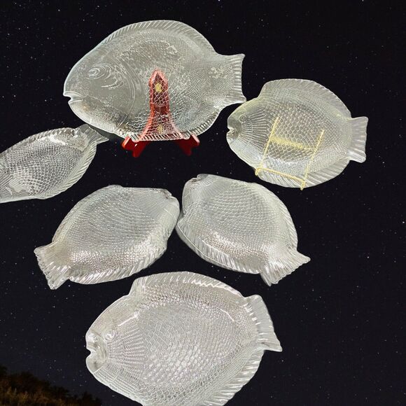 Fish Plates and Serving Platter Set of 6 Pasabahce Turkish Glass Marine Nautical - Picture 6 of 12